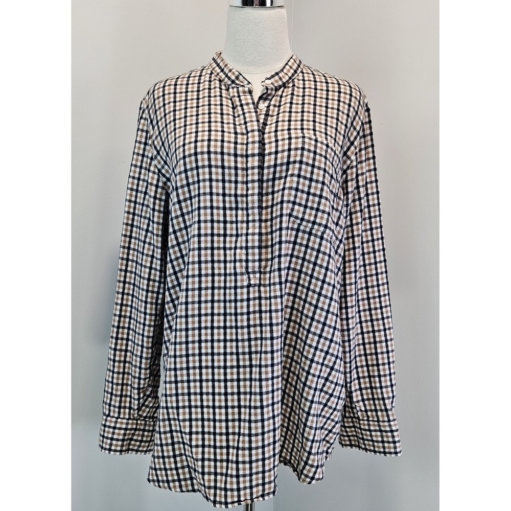 Lands‎ End Womens XL 18 Flannel Tunic Blouse Plaid Navy Tan Mandarin Collar